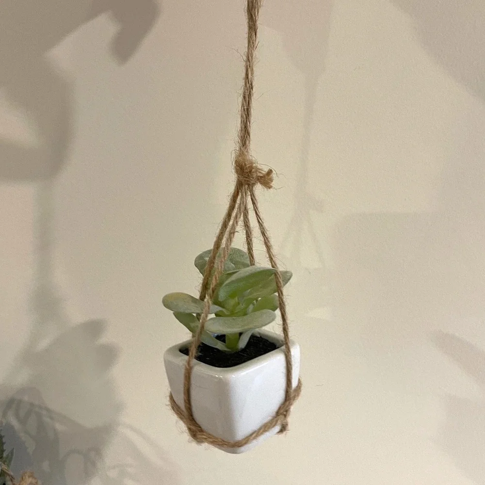 Unbranded Faux Succulent Set‎ 4pc Blue White Boho Hanging Macrame Ceramic Pots